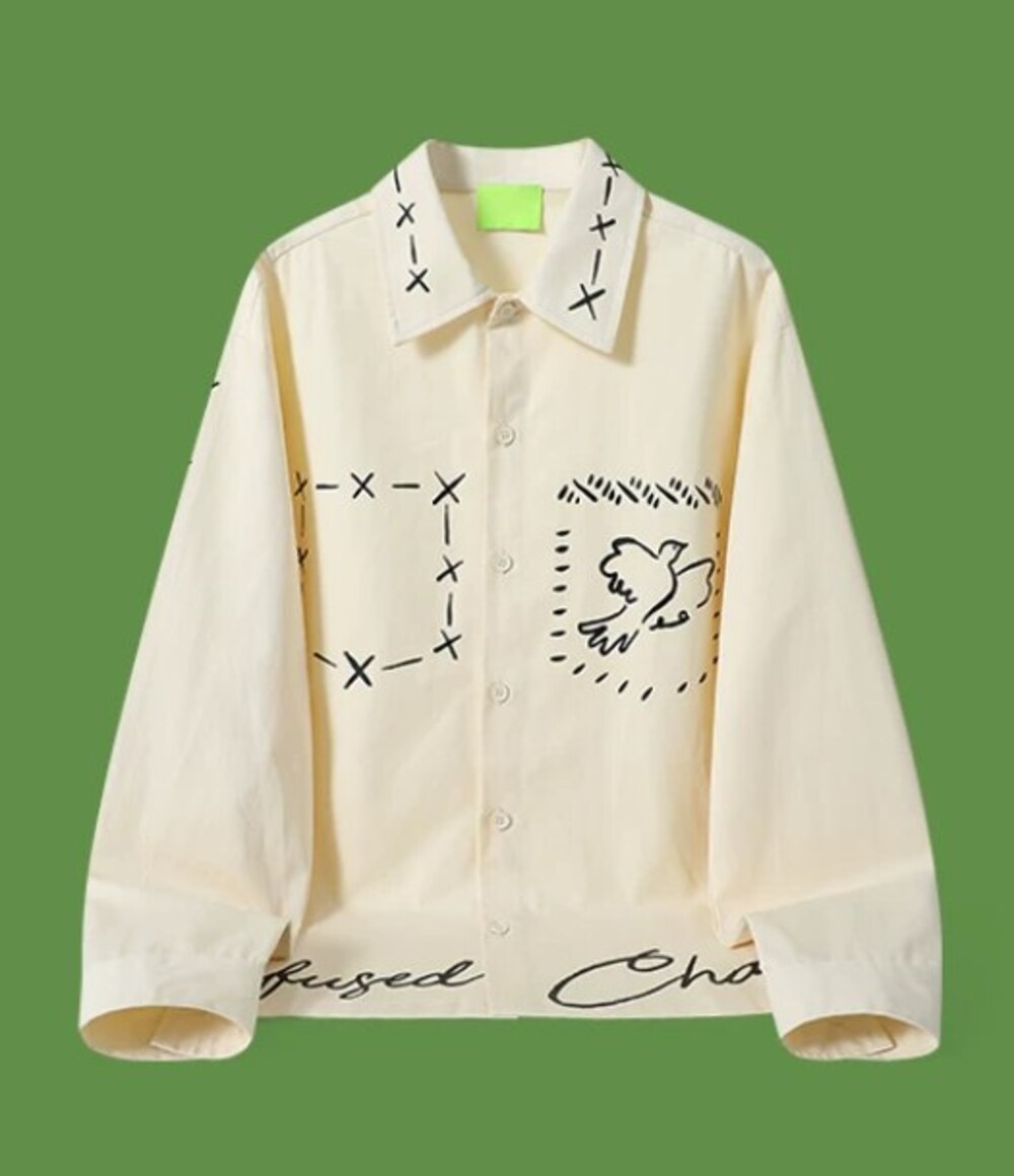 Cream Sketch Art Button Up Shirt
